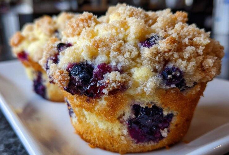 Close-up of a golden-brown blueberry muffin topped with crunchy streusel sugar, highlighting the burst blueberries.