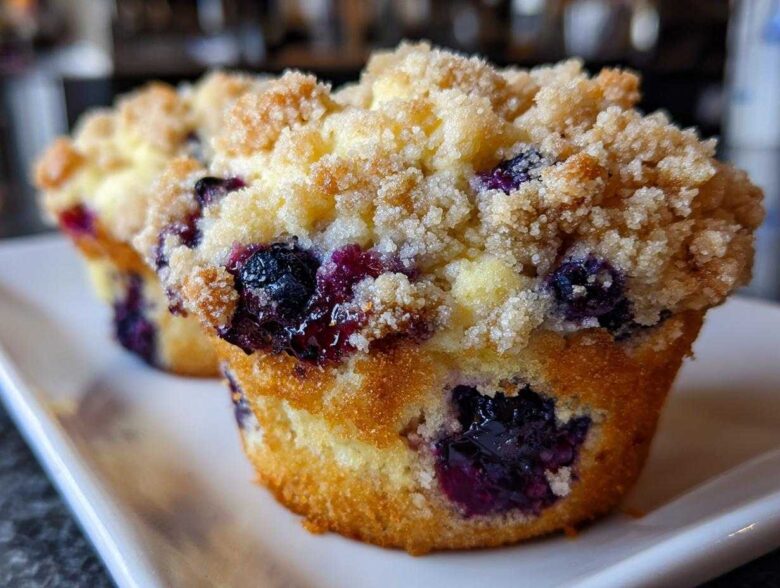Close-up of a golden-brown blueberry muffin topped with crunchy streusel sugar, highlighting the burst blueberries.