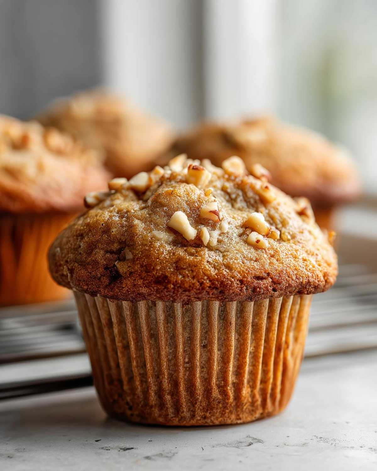 Close-up of a golden brown banana nut muffin topped with chopped nuts, resting on a cooling rack.