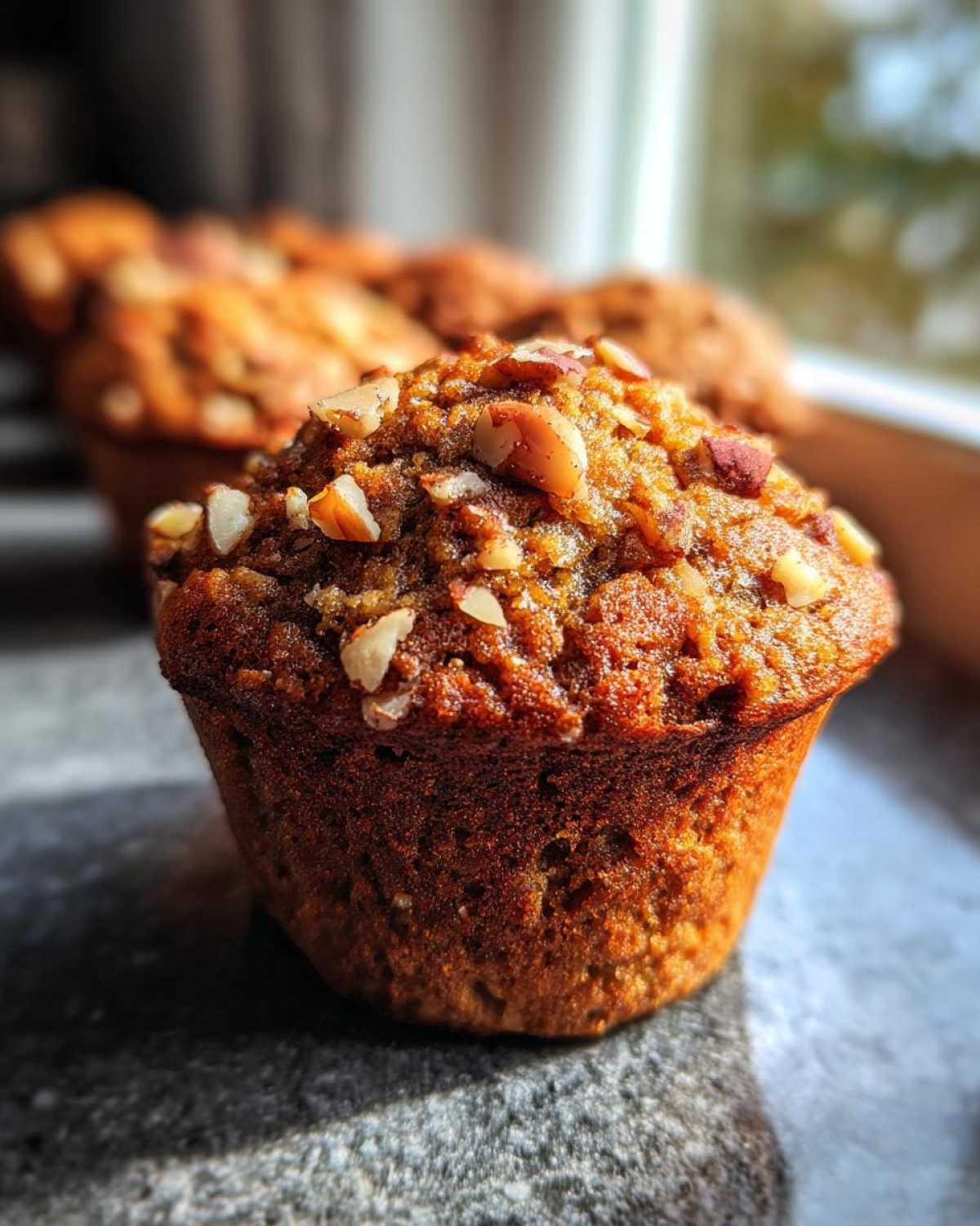 A close-up, sunlit shot of a freshly baked banana nut muffin topped with chopped nuts.