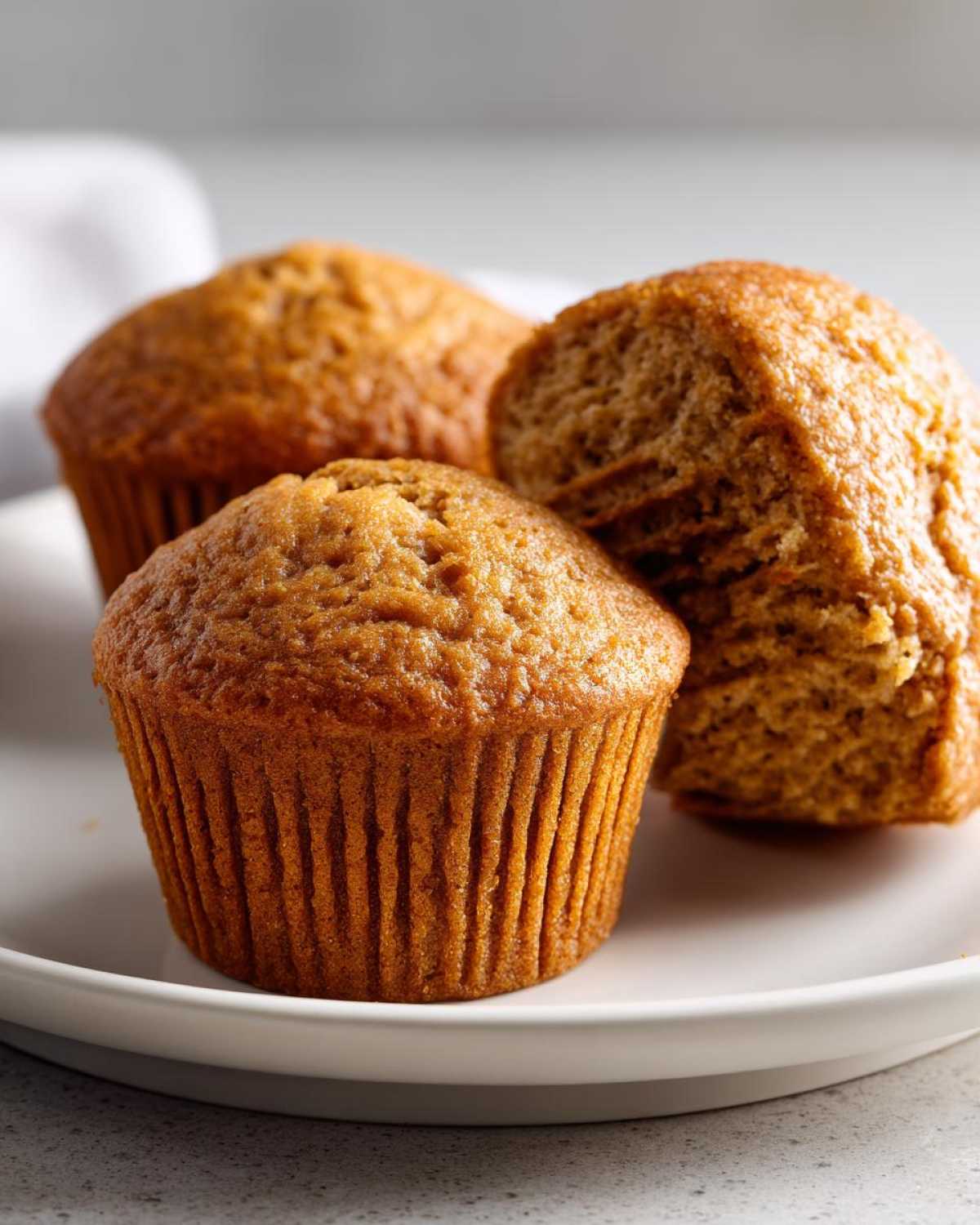 Close-up of three golden-brown banana protein muffins on a white plate, one muffin is cut in half showing the texture.