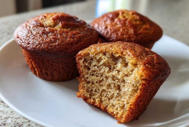 Three golden-brown banana protein muffins on a white plate, one is broken open showing the moist crumb.