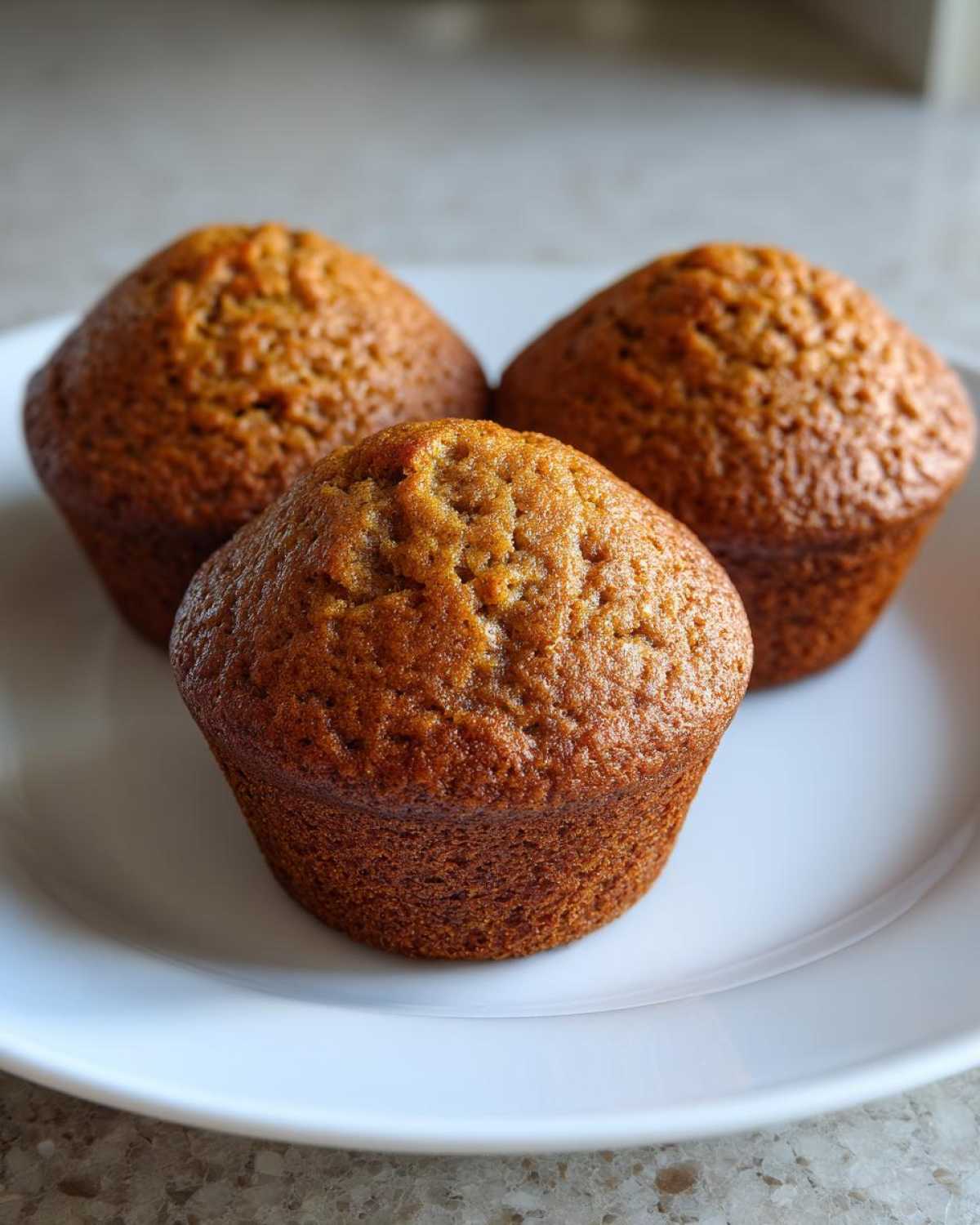 Three perfectly baked, golden brown banana protein muffins resting on a white plate.