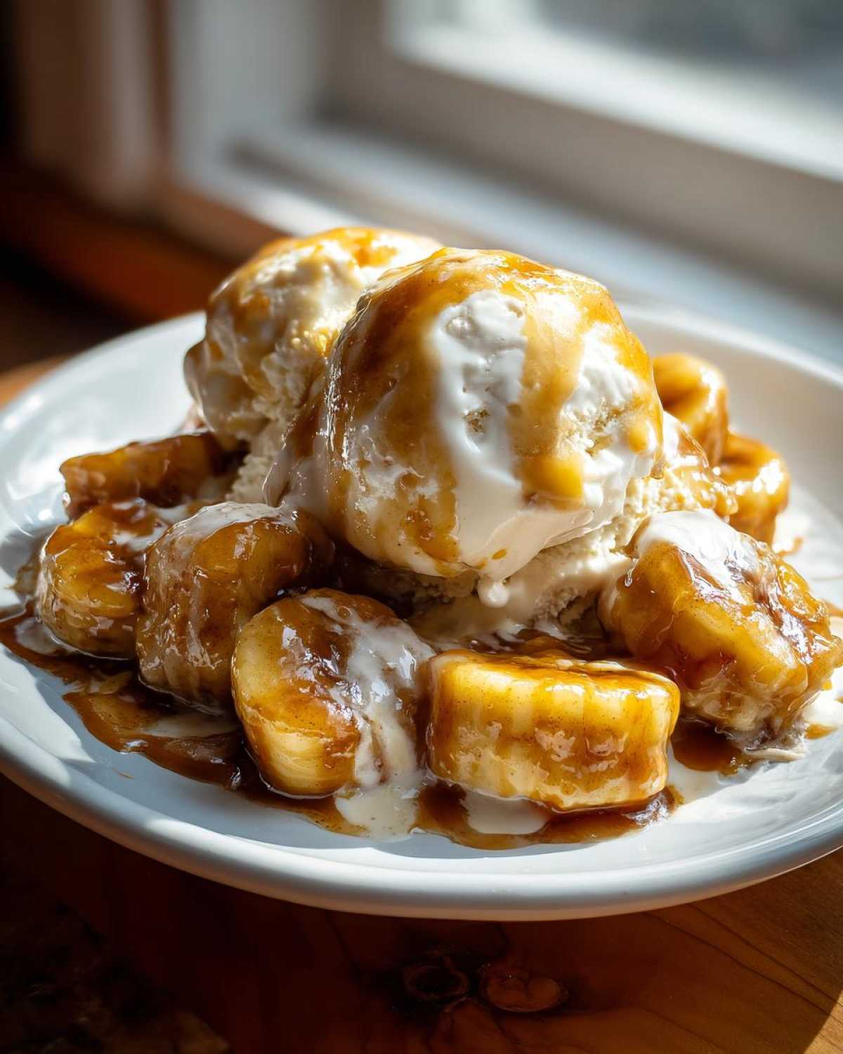 Close-up of Bananas Foster served with scoops of melting vanilla ice cream drizzled in caramel sauce.