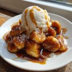 Close-up of warm, caramelized bananas foster topped with a melting scoop of vanilla ice cream and caramel drizzle.