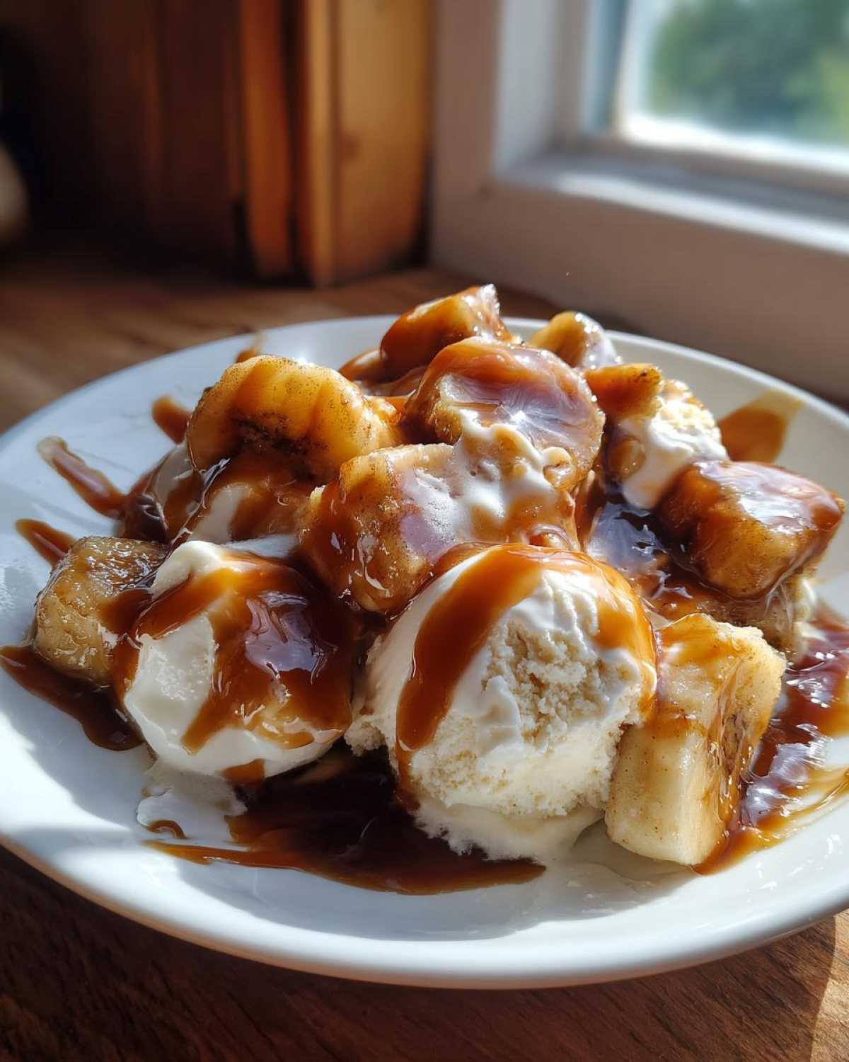 Close-up of Bananas Foster: caramelized bananas served over scoops of melting vanilla ice cream drizzled with rich caramel sauce.