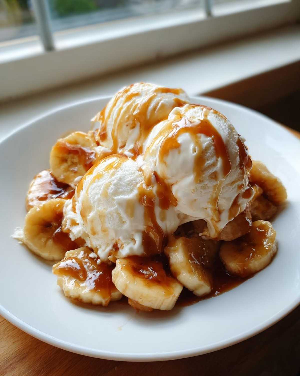 Three scoops of vanilla ice cream topped with caramel sauce over sautéed bananas in a white bowl, showcasing Bananas Foster.