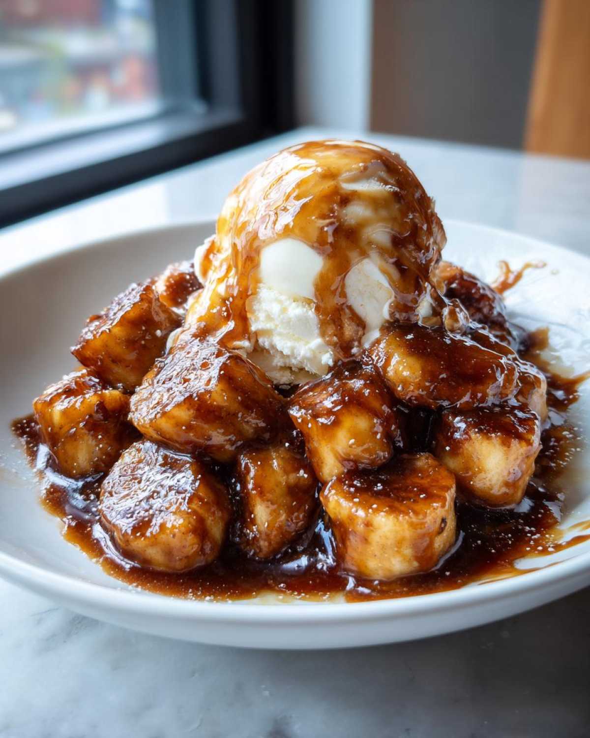 A close-up of rich, caramelized bananas smothered in sauce, topped with vanilla ice cream, a perfect serving of bananas foster.