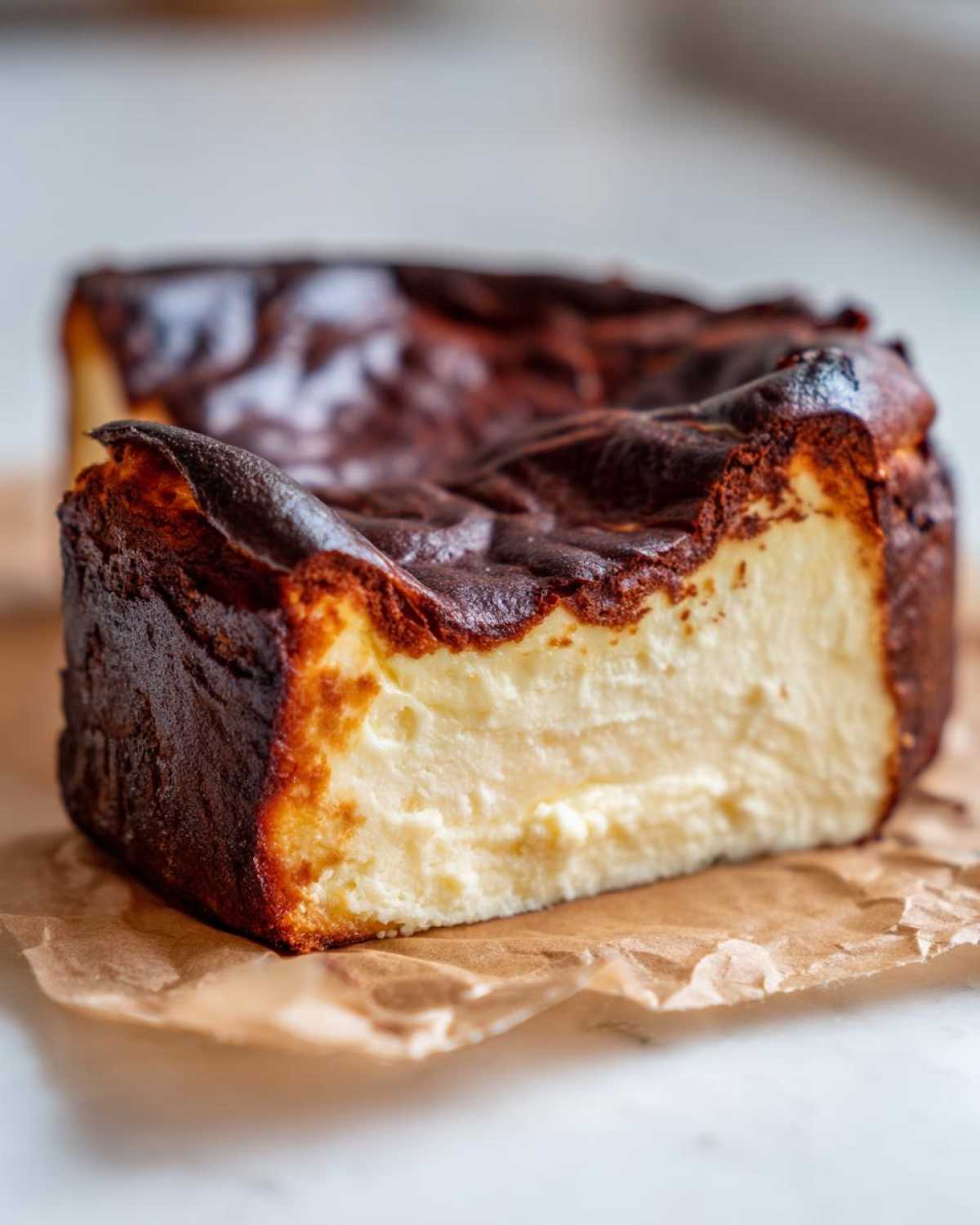 Close-up of a thick slice of Basque cheesecake showing the creamy interior and signature dark, caramelized top.