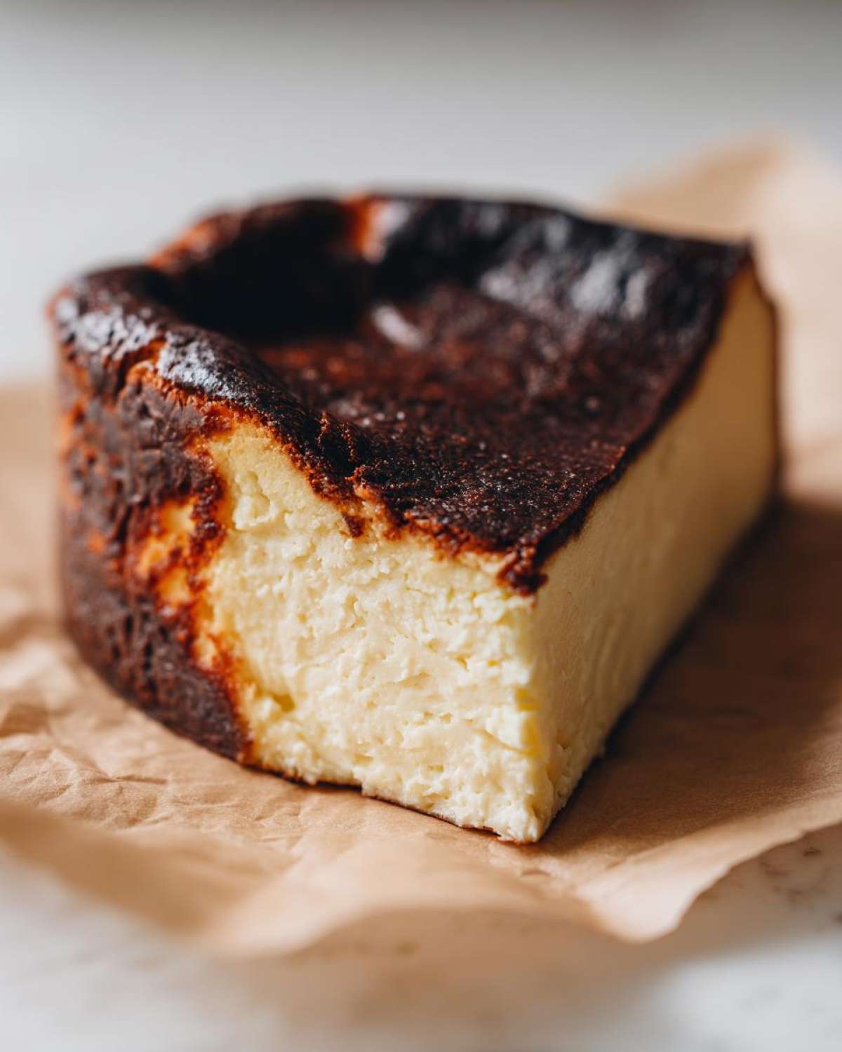 A close-up of a thick slice of creamy Basque cheesecake with a dark, caramelized top, resting on brown parchment paper.