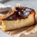 A close-up of a creamy slice of Basque cheesecake showing its signature dark, caramelized top.