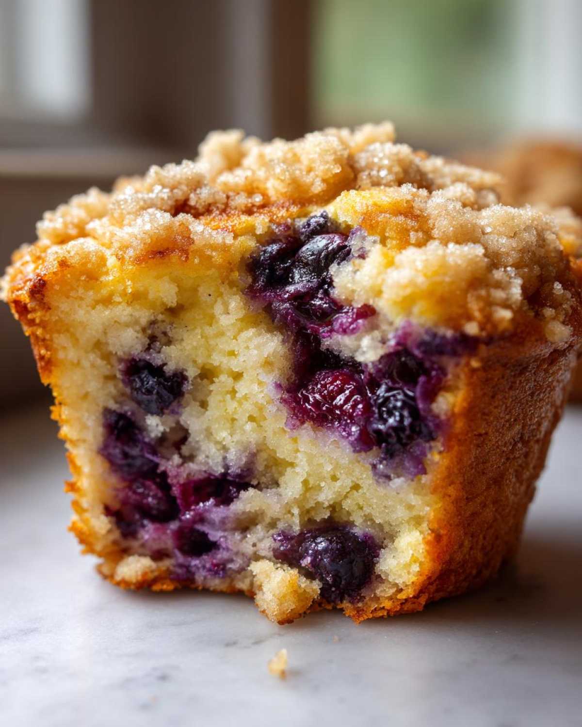 A close-up cross-section of a moist blueberry muffin showing juicy berries and a sugary crumb topping.