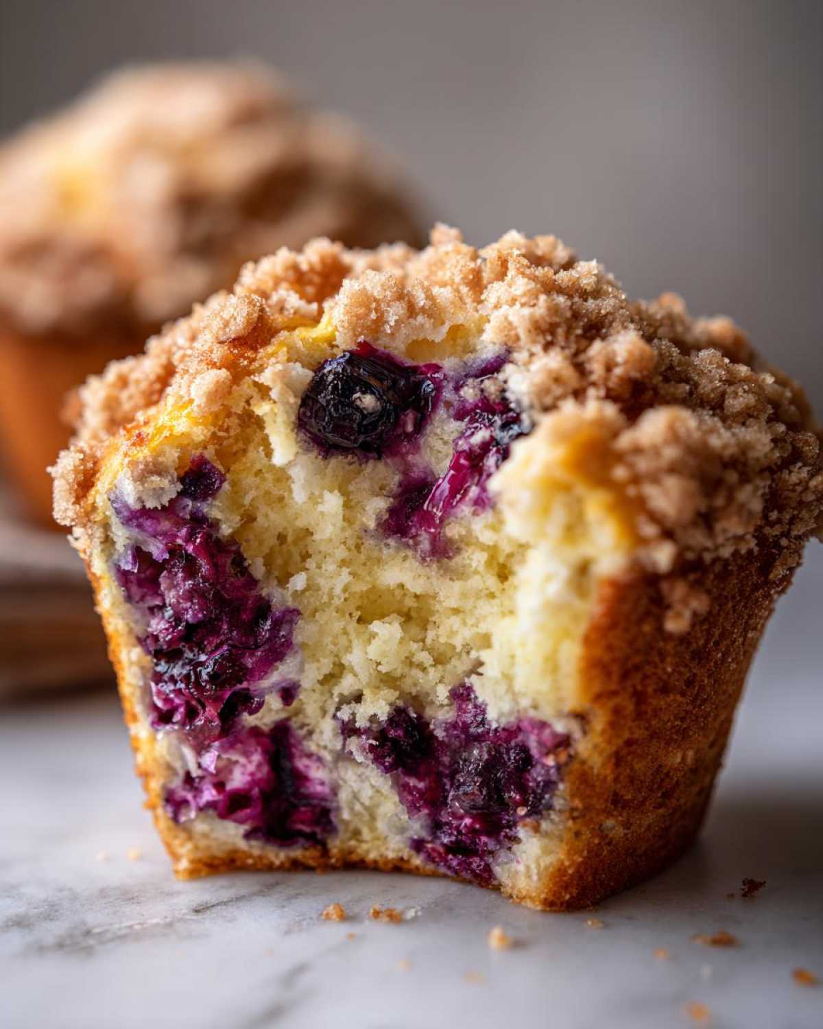 Close-up of a blueberry muffin cut in half showing moist interior, bursting blueberries, and a crumb topping.