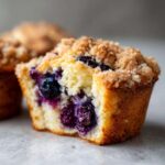 A close-up, cross-section view of a moist blueberry muffin showing juicy berries inside and a sugary crumb topping.