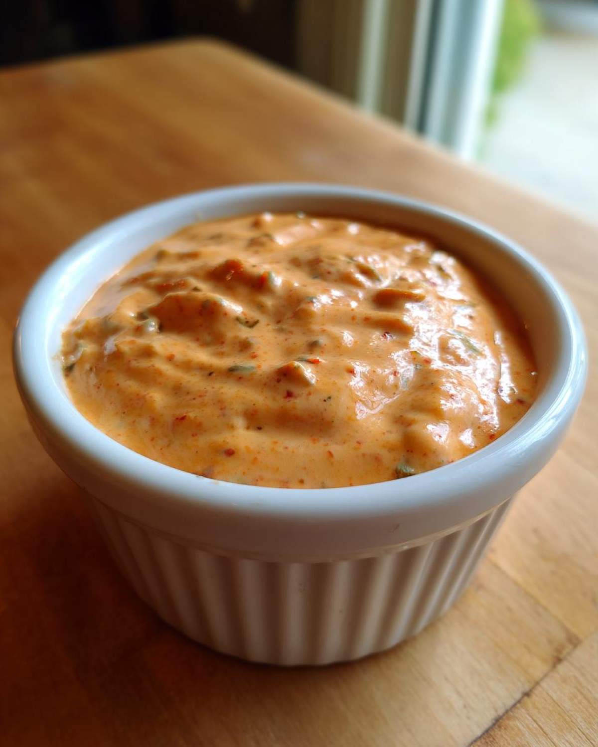 Close-up of creamy, orange-hued big mac sauce speckled with relish and spices in a small white bowl.