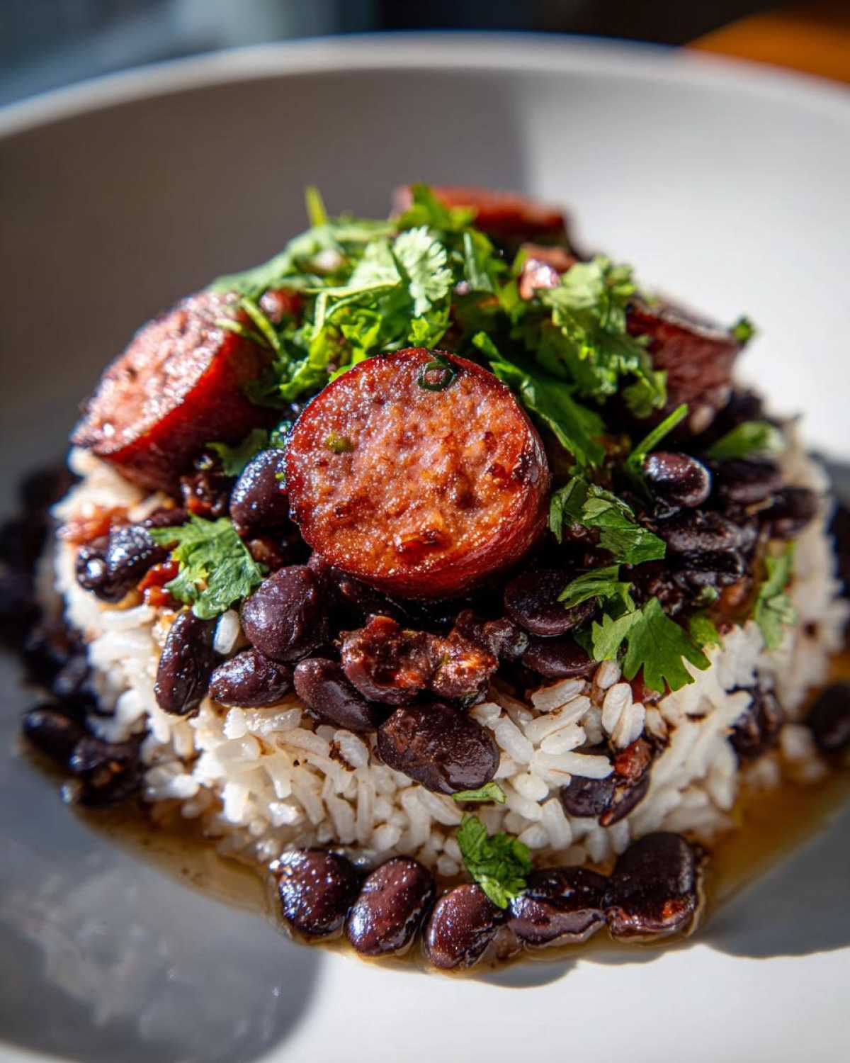 Close-up of a bowl of black beans and rice topped with sliced smoked sausage and fresh cilantro.