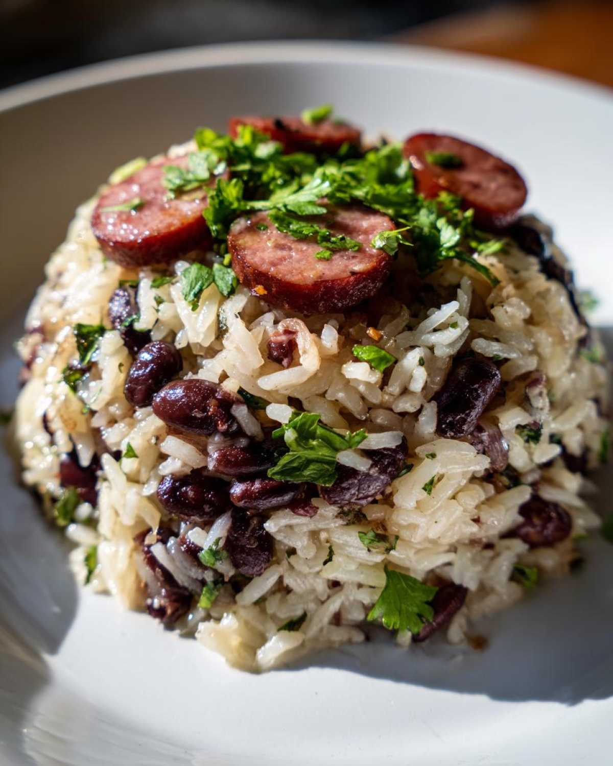 Close-up of a molded serving of black beans and rice topped with sliced smoked sausage and fresh parsley.