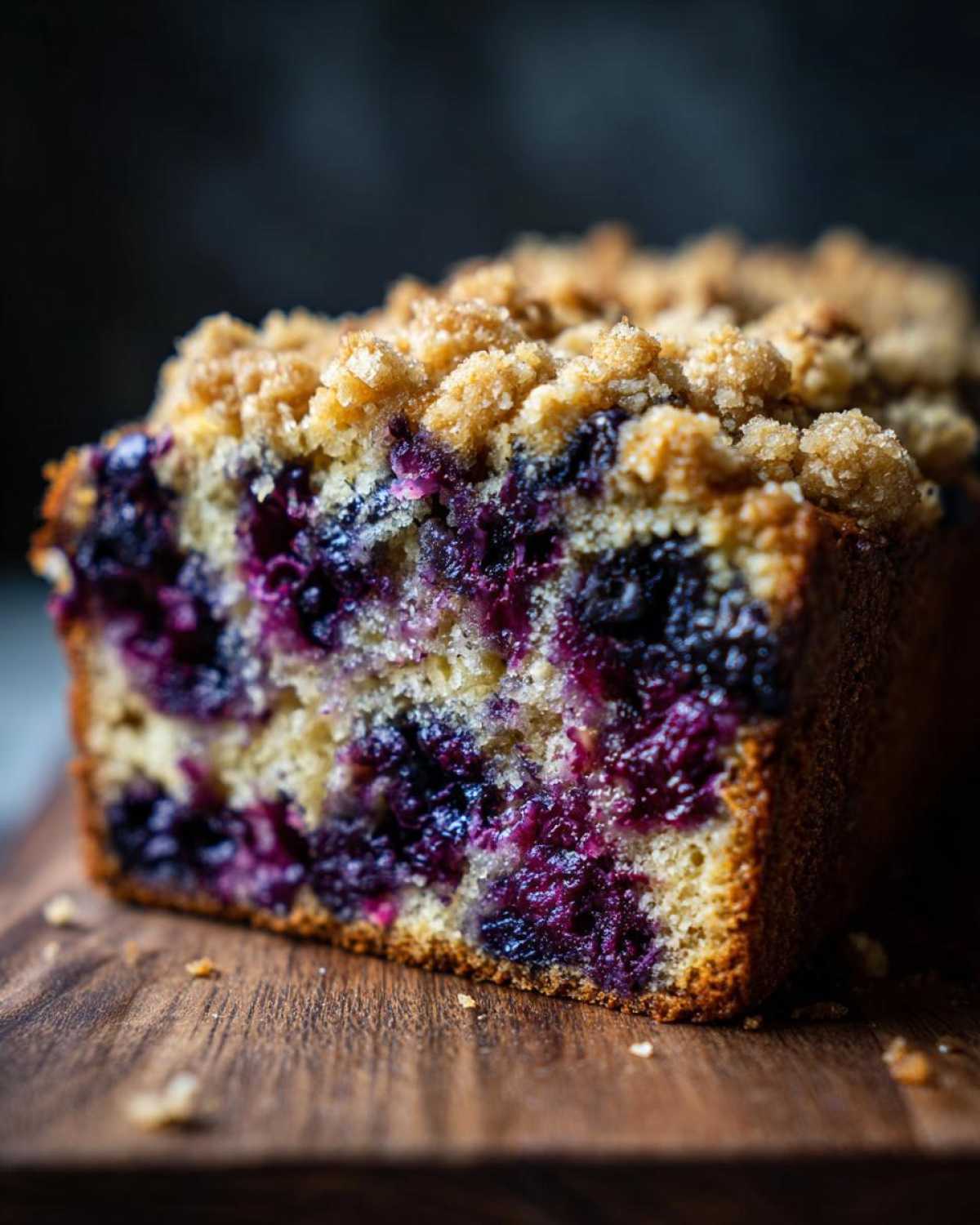 Close-up of a slice of blueberry banana bread featuring juicy blueberries and a sugary crumb topping.