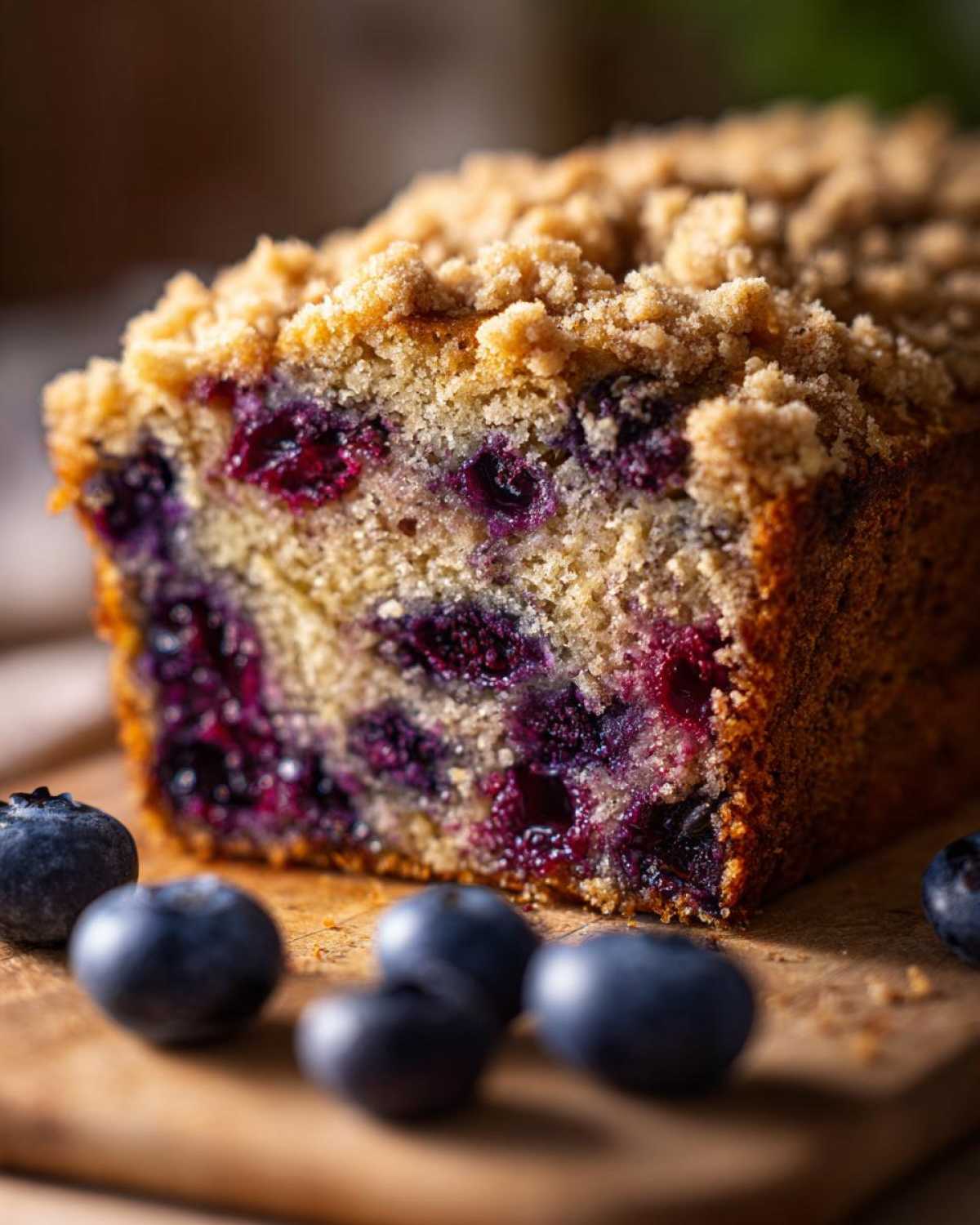 Close-up of a slice of moist blueberry banana bread featuring a thick, golden crumb topping and visible blueberries.