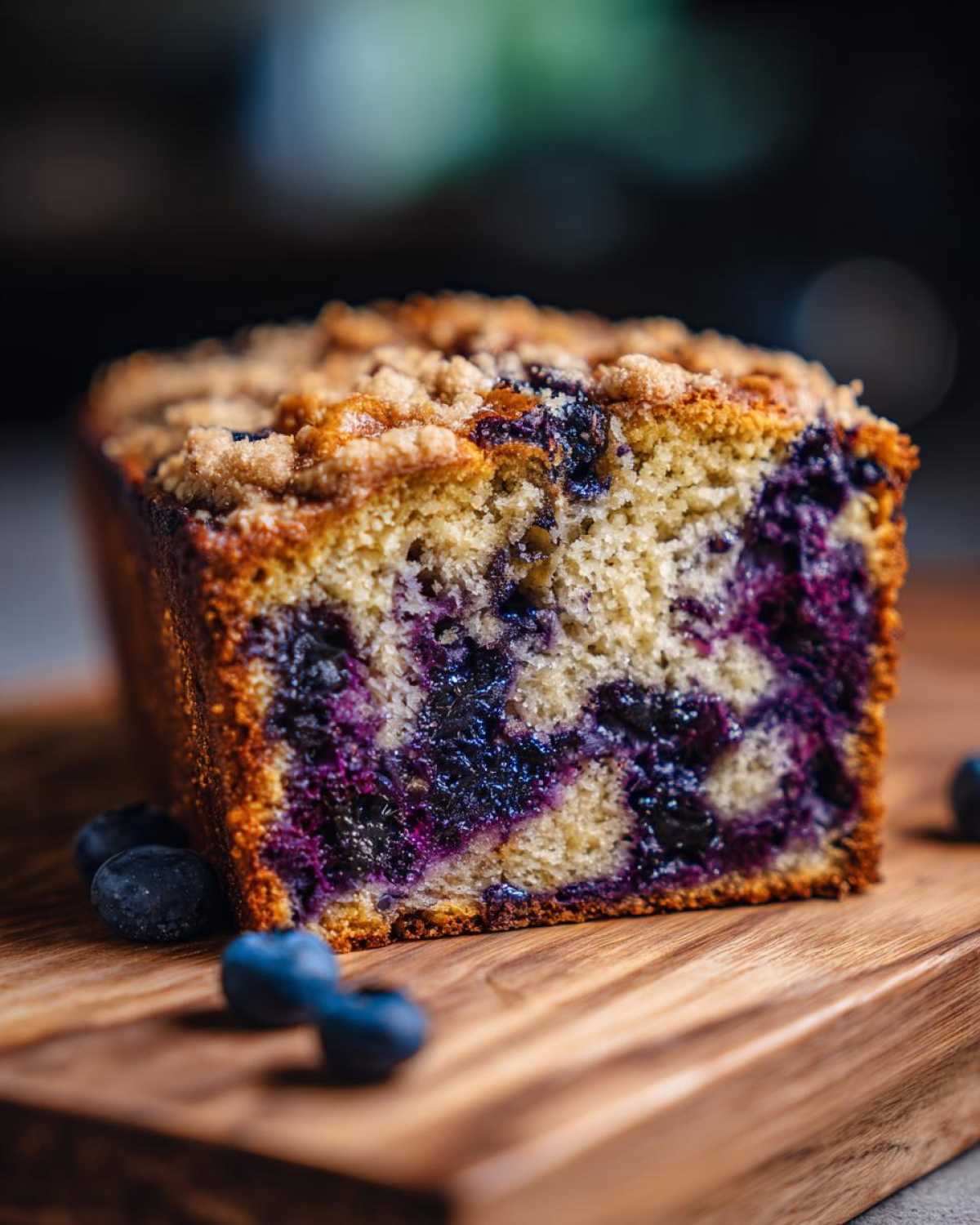 Close-up of a slice of blueberry banana bread showing moist texture and rich purple blueberries.