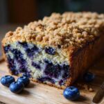 A moist slice of blueberry banana bread topped with a thick layer of brown sugar streusel, resting on a wooden board with fresh blueberries.