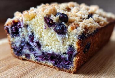 A close-up cross-section of moist blueberry banana bread topped with a crumbly streusel topping.