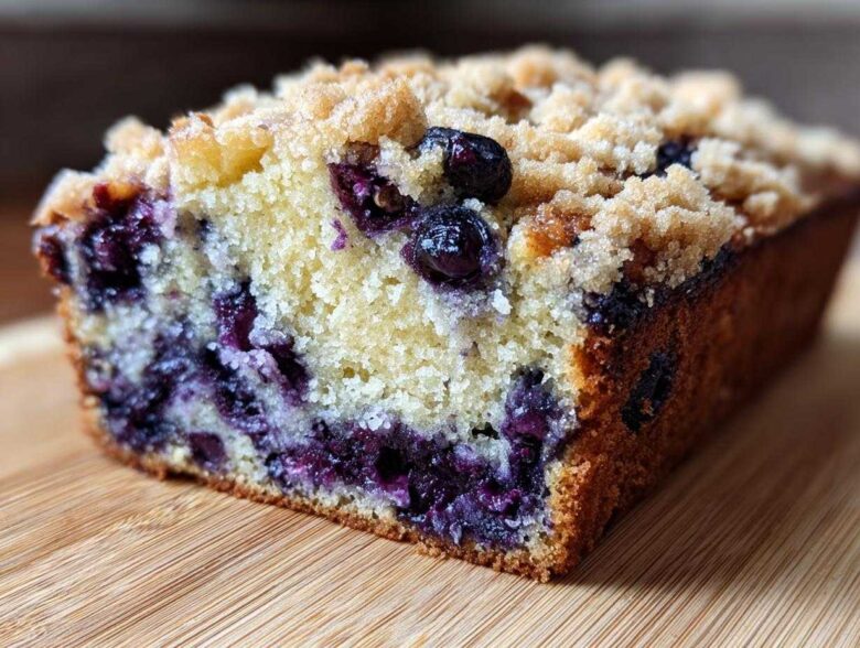 A close-up cross-section of moist blueberry banana bread topped with a crumbly streusel topping.