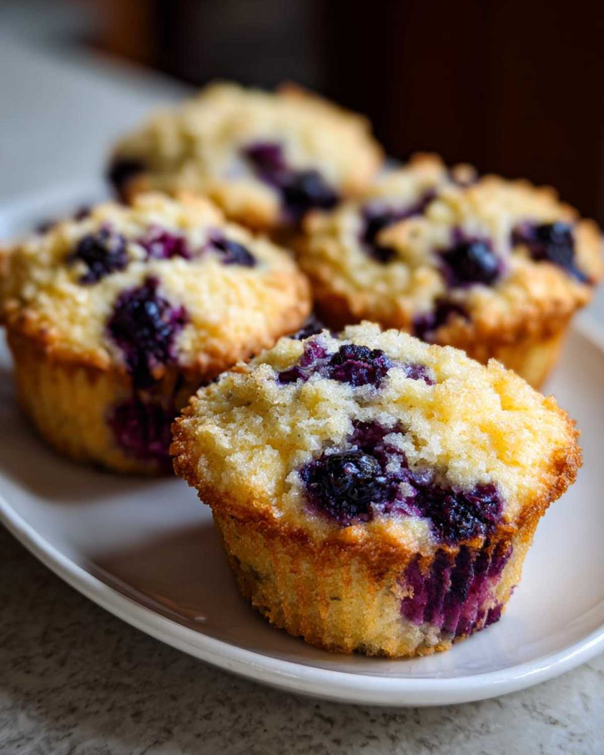 Four freshly baked blueberry cottage cheese muffins with a crumbly top, served on a white plate.
