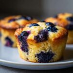 Close-up of a golden, moist blueberry cottage cheese muffin studded with dark blueberries on a light plate.