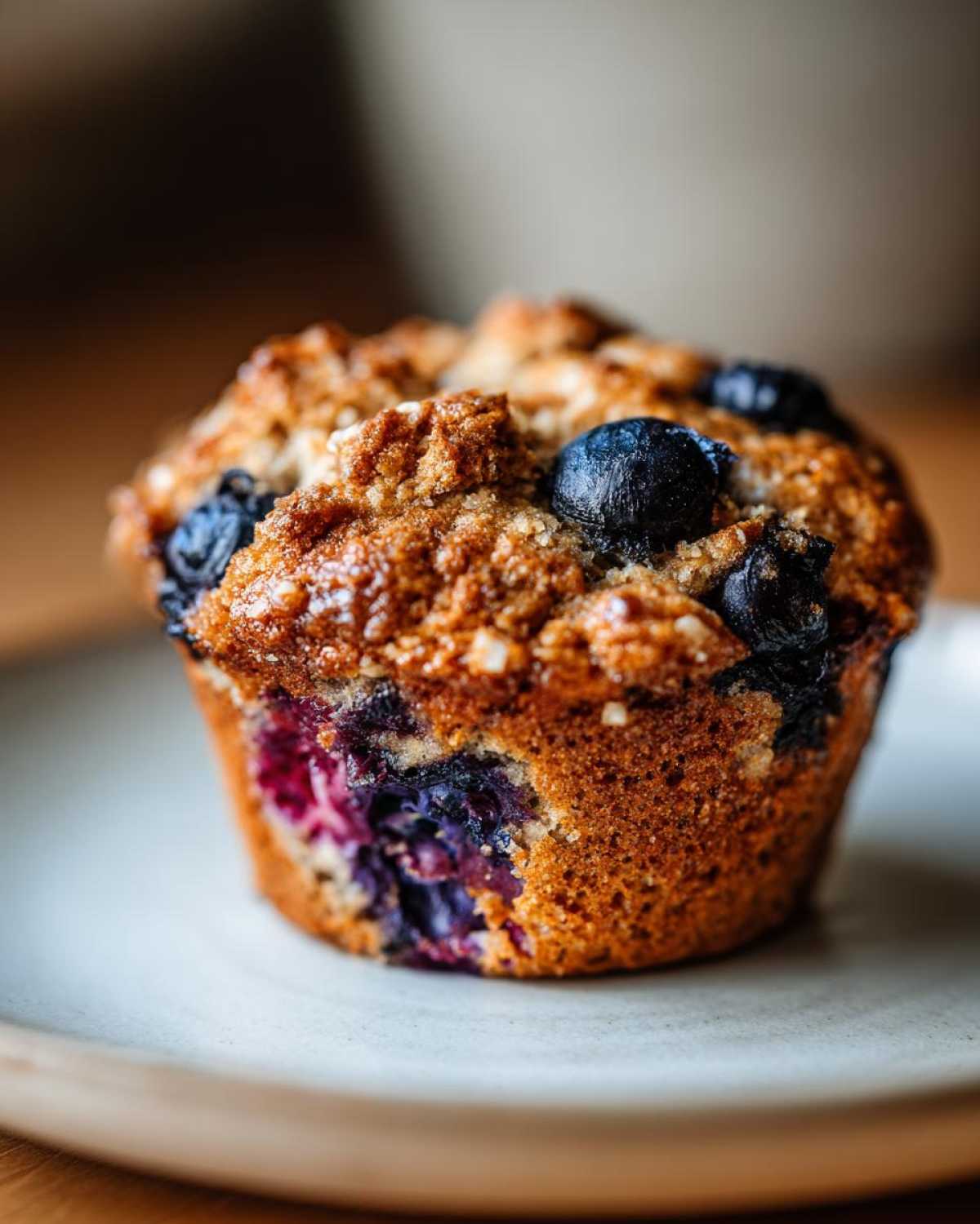 A close-up, macro shot of a single, golden-brown blueberry cottage cheese muffin with visible blueberries on top and inside.