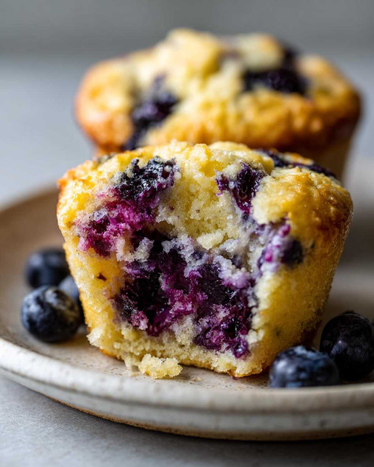 Close-up of a blueberry cottage cheese muffin cut in half showing moist interior and burst blueberries.