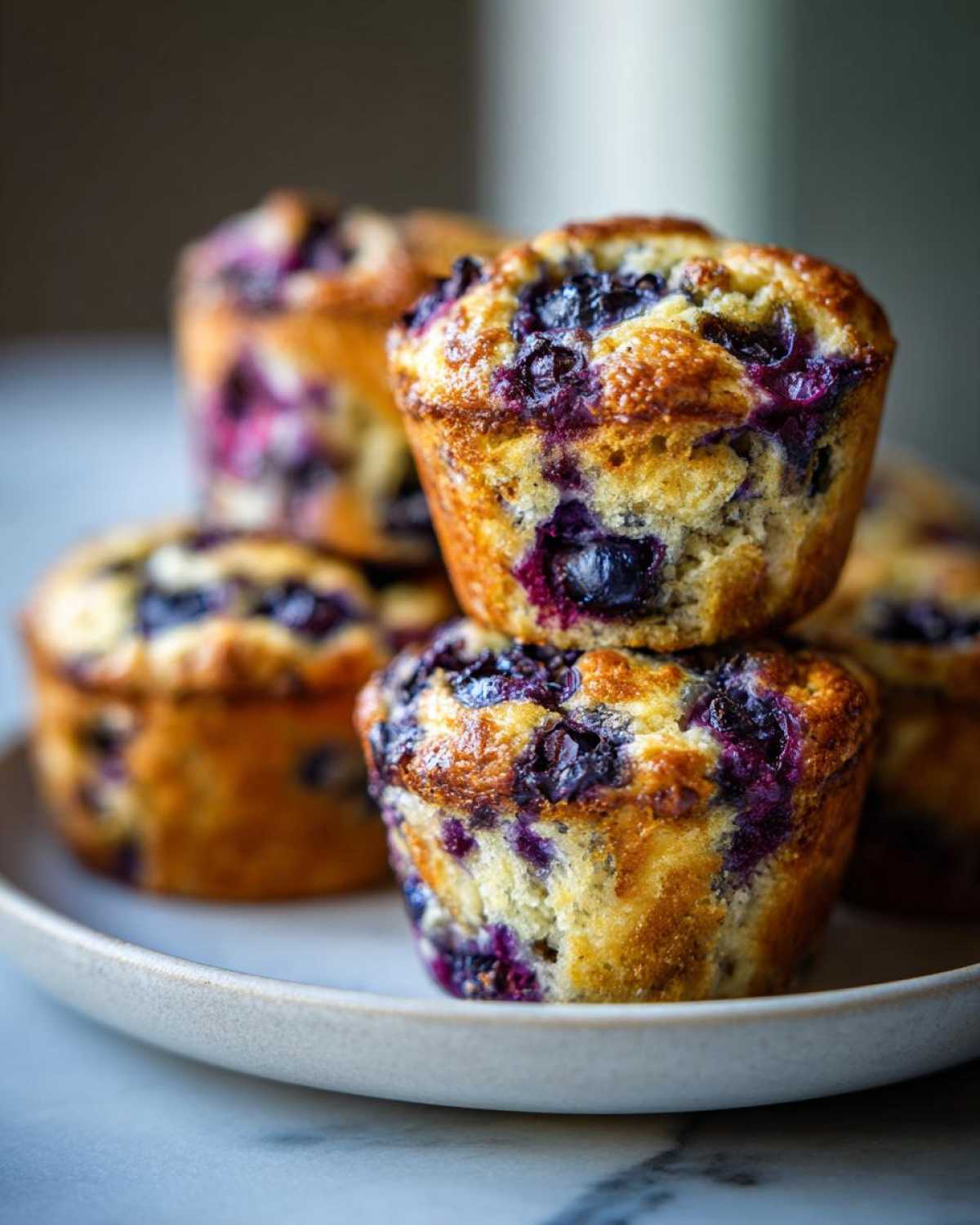Close-up of a stack of golden brown blueberry cottage cheese muffins with juicy, burst blueberries.
