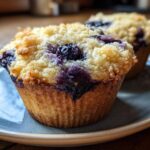 Close-up of two golden blueberry cottage cheese muffins topped with a crumbly streusel topping, served on a blue plate.