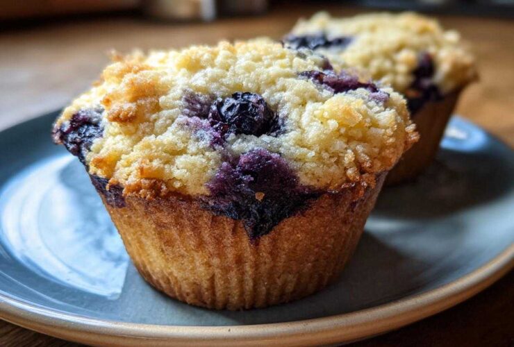 Close-up of two golden blueberry cottage cheese muffins topped with a crumbly streusel topping, served on a blue plate.