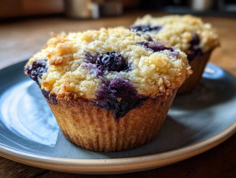 Close-up of two golden blueberry cottage cheese muffins topped with a crumbly streusel topping, served on a blue plate.
