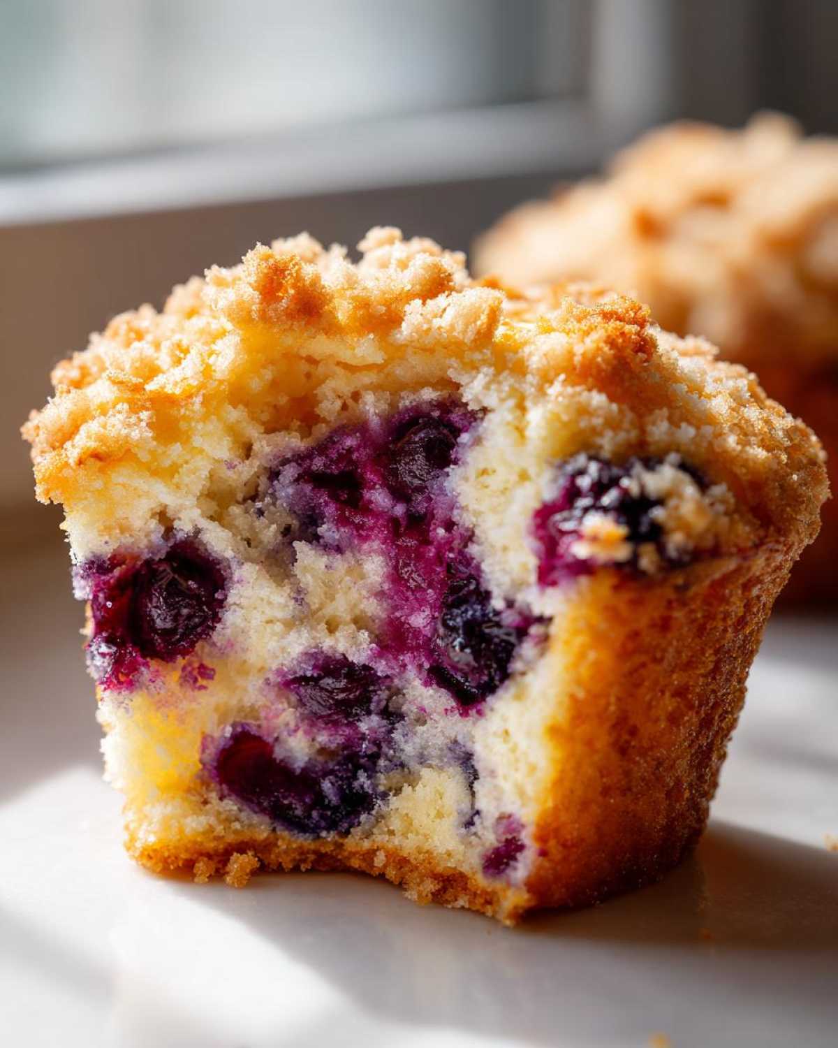 Cross-section of a moist blueberry muffin showing rich purple berries and a golden crumb topping.
