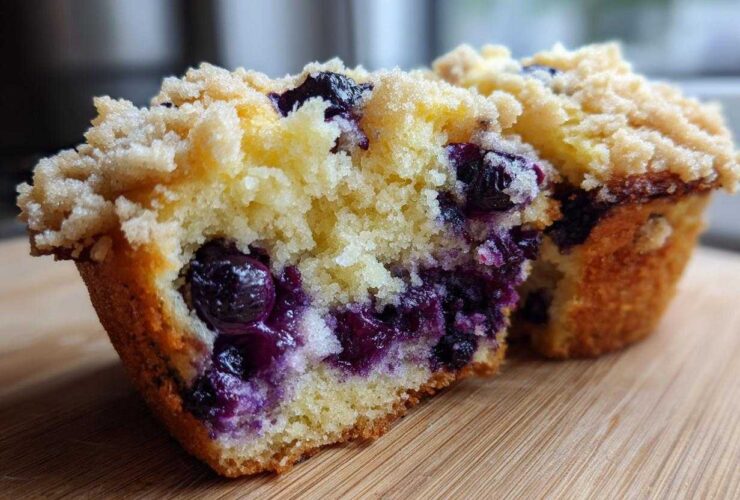 Close-up of a blueberry muffin cut in half showing moist crumb, bursting blueberries, and a crumbly streusel topping.