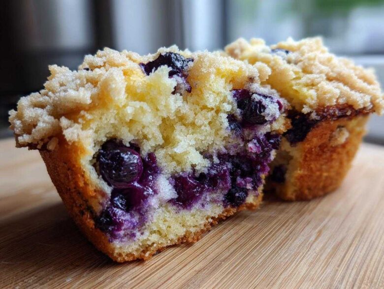 Close-up of a blueberry muffin cut in half showing moist crumb, bursting blueberries, and a crumbly streusel topping.