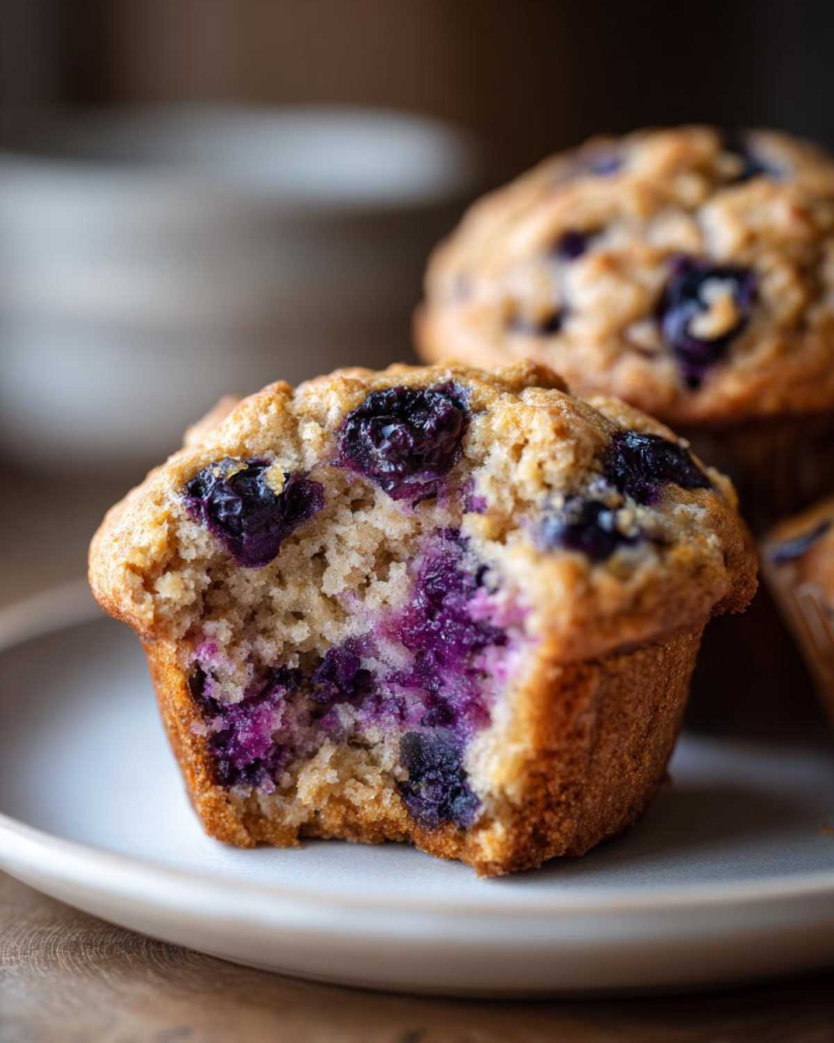 A close-up of a blueberry oatmeal muffin with a bite taken out, revealing moist interior and burst blueberries.