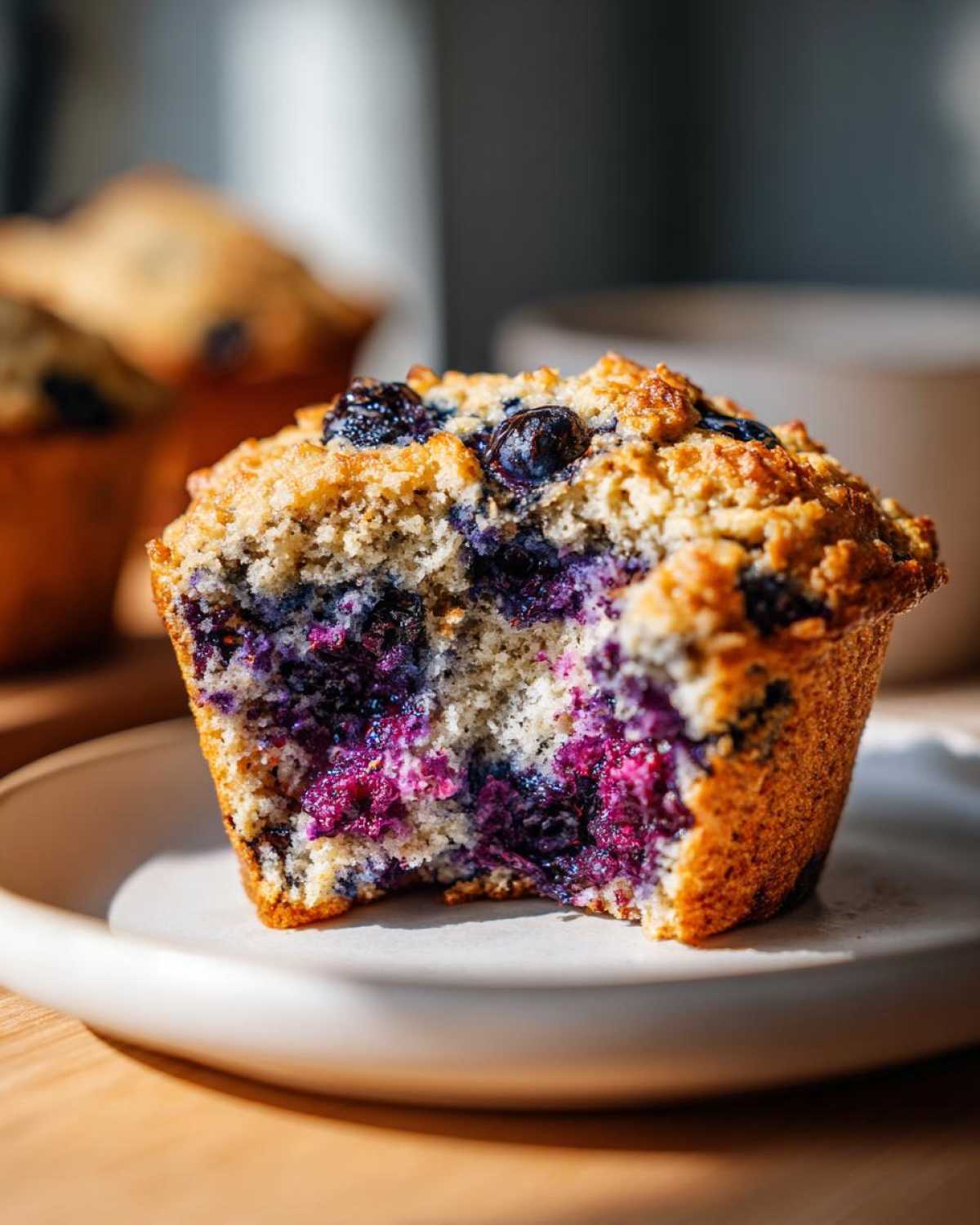 Close-up of a moist blueberry oatmeal muffin with a bite taken out, revealing juicy, purple blueberries inside.