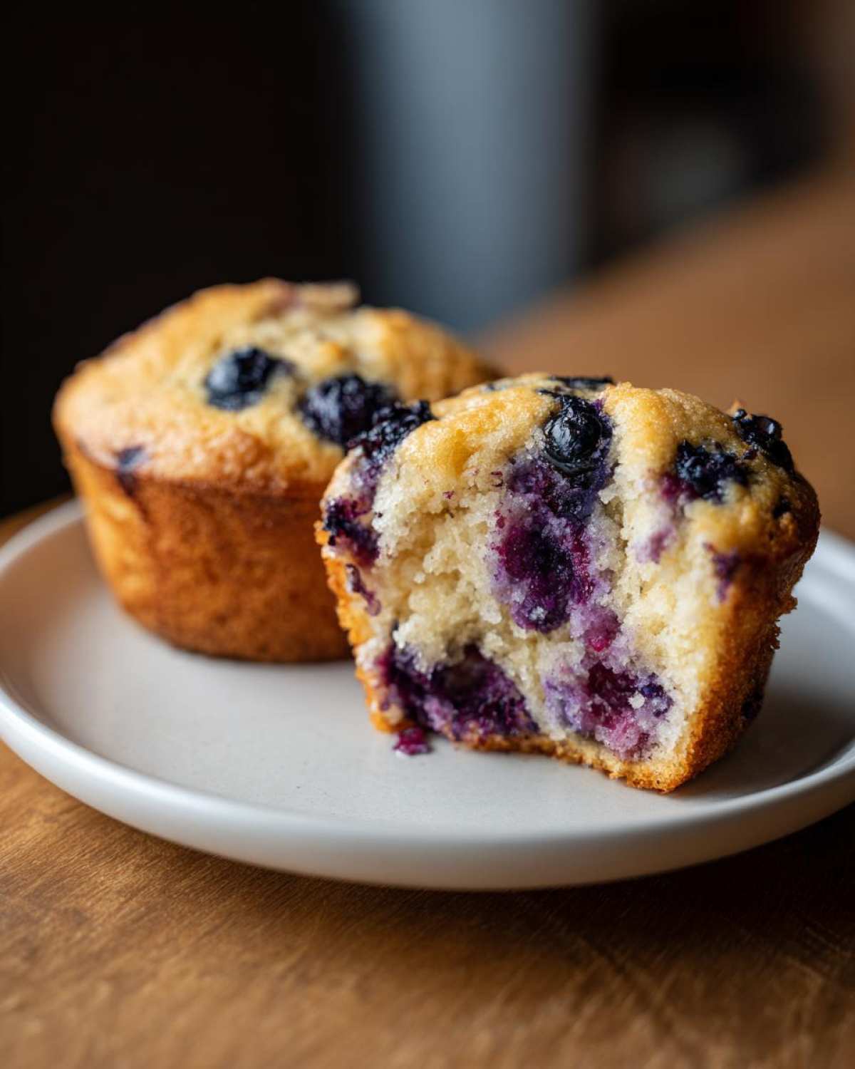 A close-up of two blueberry oatmeal muffins on a plate, one of which has a bite taken out revealing the moist interior and burst blueberries.