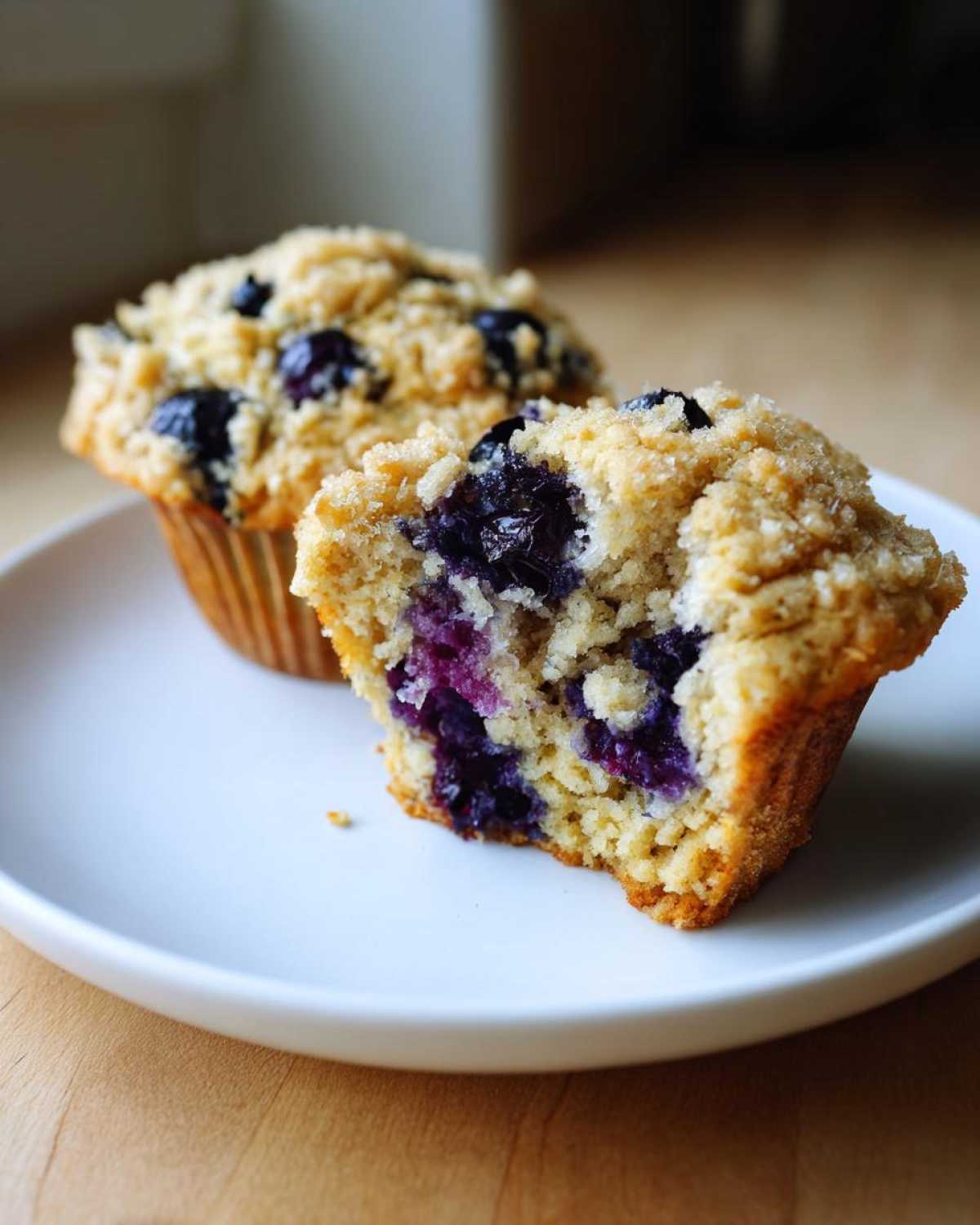 A blueberry oatmeal muffin cut in half showing moist interior packed with blueberries, next to a whole one.