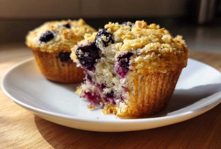 A close-up of a blueberry oatmeal muffin cut in half showing juicy blueberries, next to a whole one.