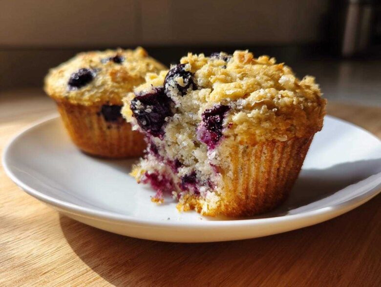 A close-up of a blueberry oatmeal muffin cut in half showing juicy blueberries, next to a whole one.