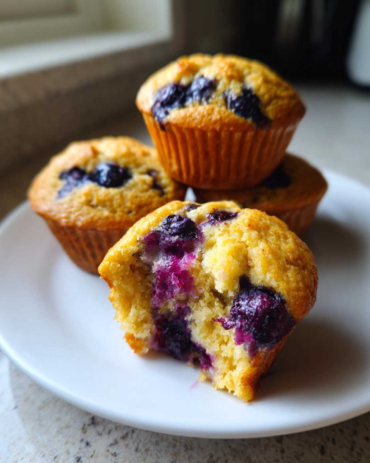 A close-up of blueberry protein muffins on a white plate, one muffin is broken open showing the moist interior.