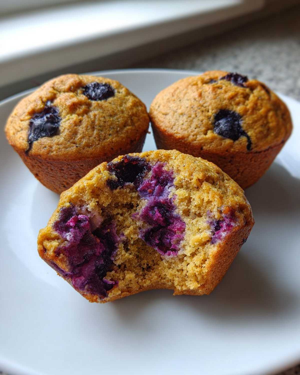 Three golden blueberry protein muffins on a white plate, one is broken open showing moist interior.