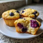 Close-up of three blueberry protein muffins, one broken open showing moist interior and berries.