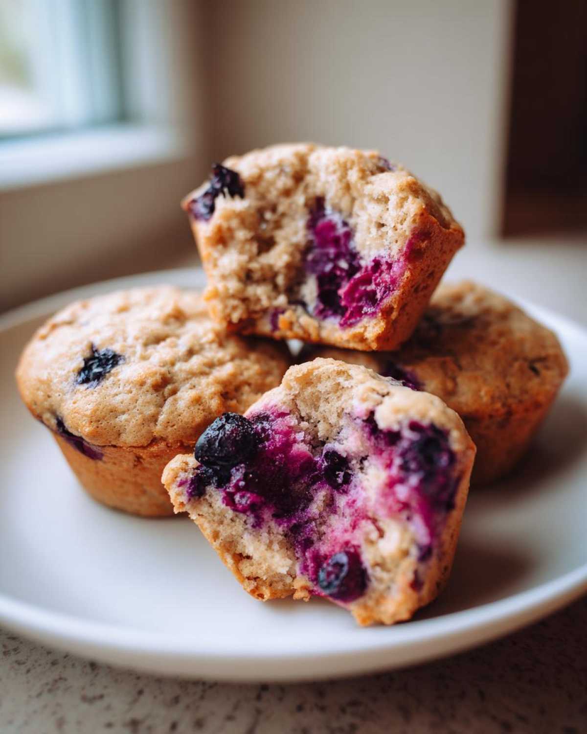 Close-up of blueberry protein muffins, one cut in half showing the moist, purple-filled interior.