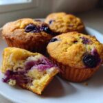 Four golden-brown blueberry protein muffins on a white plate, one cut open showing the moist interior.