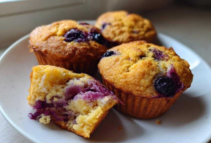Four golden-brown blueberry protein muffins on a white plate, one cut open showing the moist interior.